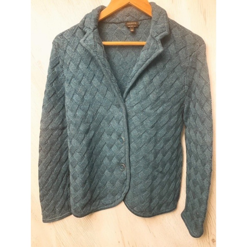 Talbots Pure Merino Wool Basketweave Knit Teal Womens Large Cardigan Sweater
